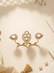 White CZ and Polki-style double finger ring with gold plating and pear-shaped motifs, styled as a statement accessory for wedding outfits.