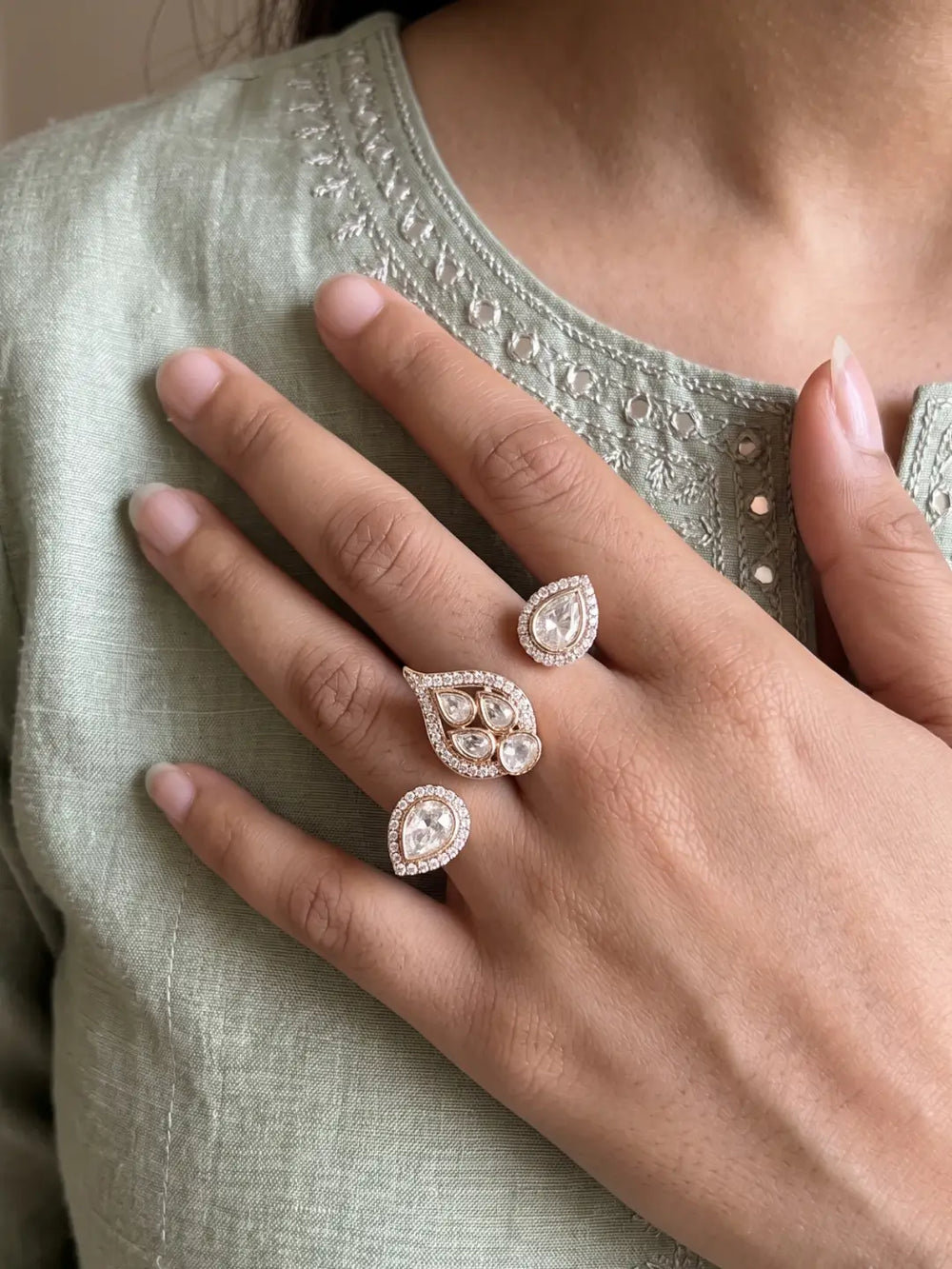 White gold plated double finger ring with CZ, Polki-style and colourful stones, designed for bridal, wedding, party wear and festive styling.