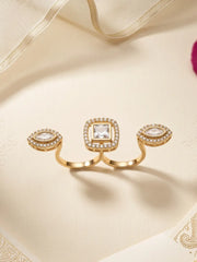 White gold plated square Polki double finger ring with marquise-shaped CZ motifs, styled as a statement accessory for bridal and wedding outfits.