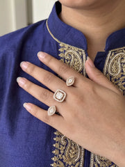 White square-shaped Kundan Polki dual finger ring with gold plating and CZ details, designed for wedding, bridal, festive and party wear looks.