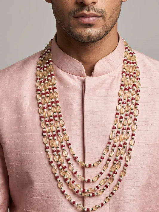 Yellow citrine beaded dulha necklace featuring red jade accents, freshwater pearl strands and a layered cascading design