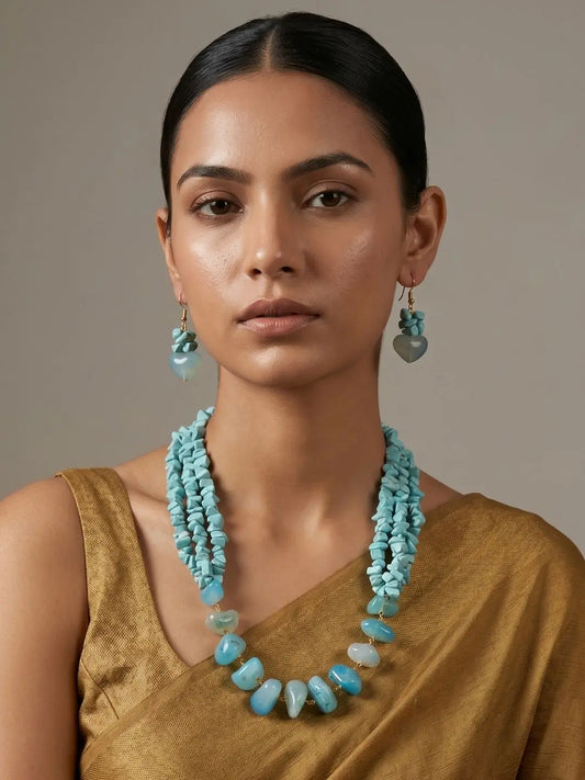 Handcrafted Natural Blue Agate & Turquoise Necklace Set | Statement Blue Beads Jewelry For Women