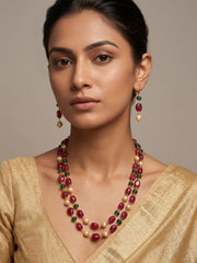 Elegant Red & Green Beaded Mala Necklace With Earrings | Festive & Ethnic Beaded Jewellery