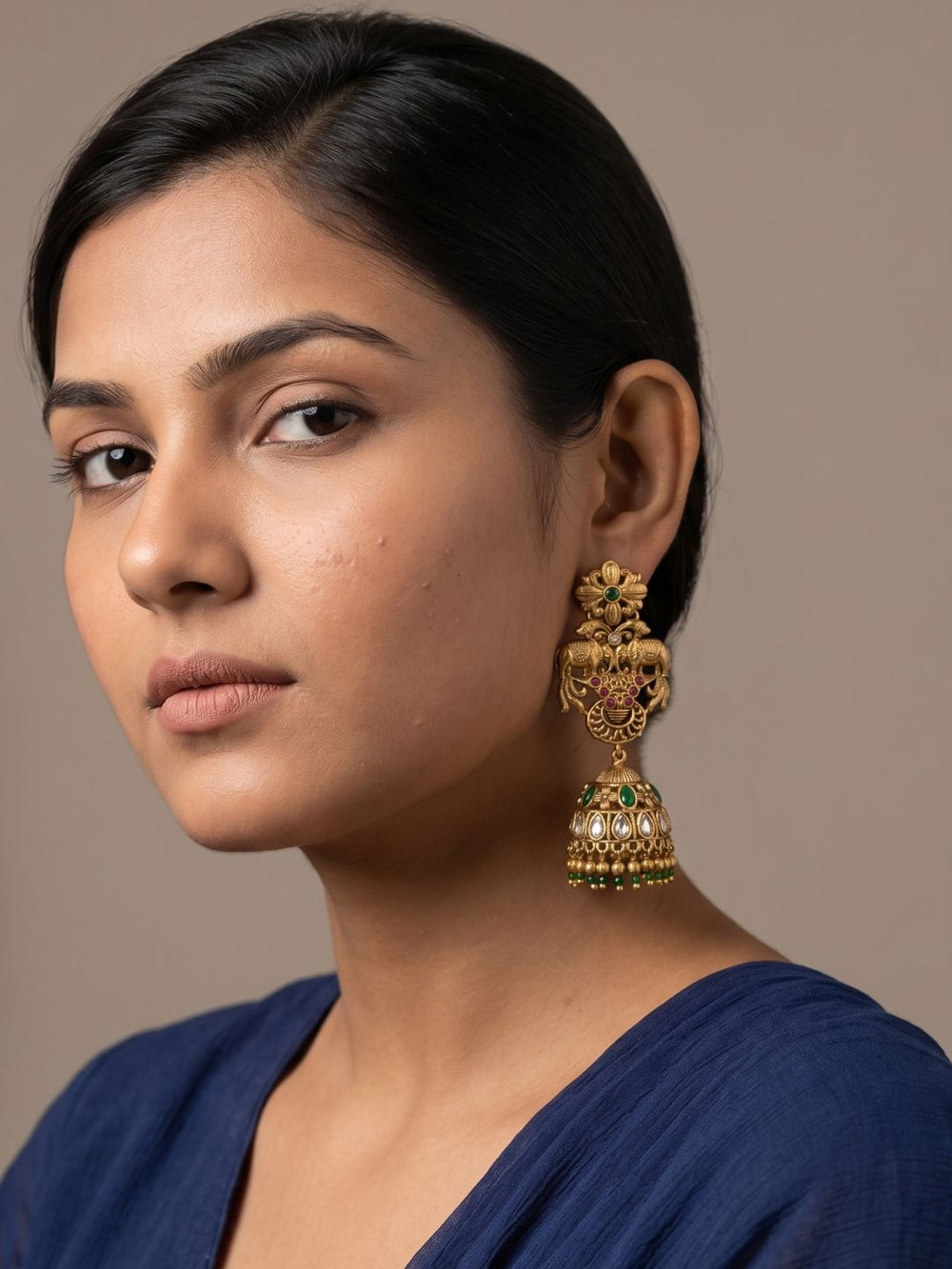 Antique Gold Elephant Design Temple Jhumka Earrings For Women