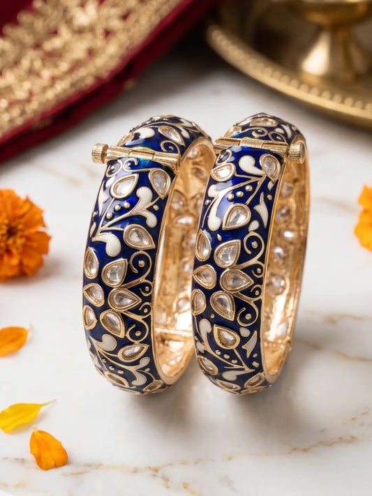 Gold Plated Blue Meenakari enamel Kundan Bangles For Women | Ethnic & Festive Wear blue kada bangles