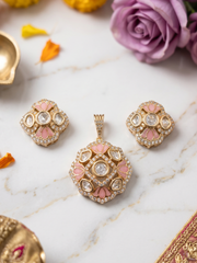 Designer Gold Plated Kundan Pendant And Earring Set with pink enamle| Ethnic & Festive Wear jewelry