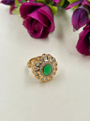Traditional Party & Wedding Wear Green Stone Adjustable Kundan Ring For Women