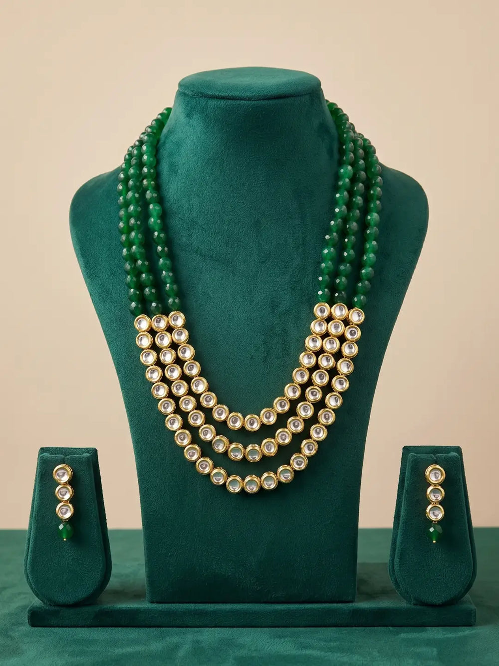 Gold Plated Layered green Kundan Beaded Necklace Set For Women - Ethnic Jewellery Set