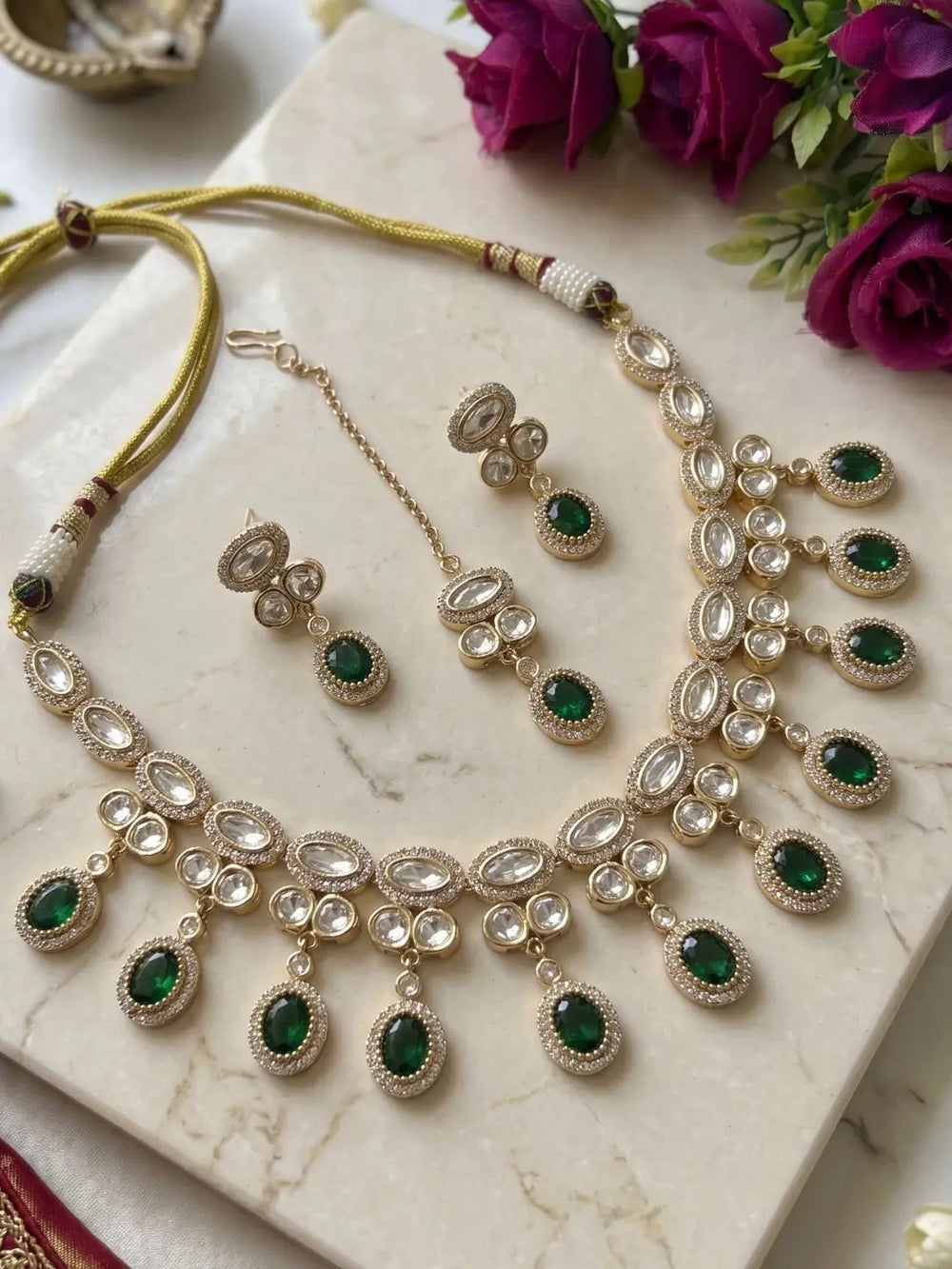 Gold Plated green stones and Polki Kundan Necklace Set With Tikka | Wedding & Festive Jewellery Set