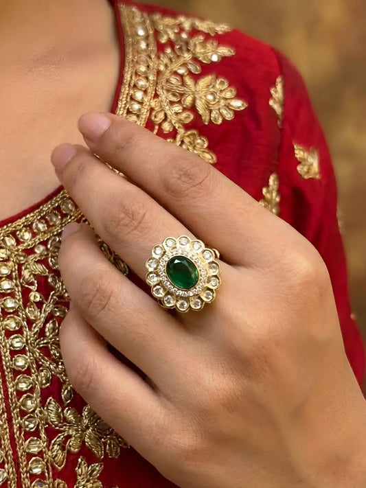 Traditional Party & Wedding Wear Green Stone Adjustable Kundan Ring For Women