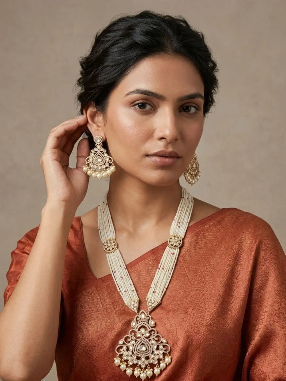 a women wearing Moissanite Polki Long Necklace Set With Pearls - Luxury Wedding Jewellery Set