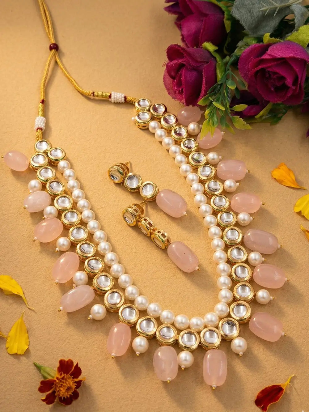 Gold Plated Beaded pearls, pink stone beads and Kundan Statement Necklace Set For Women - Indian Ethnic Jewellery