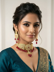 A women wearing a designer Gold Plated Kundan Choker Necklace And Earring Set on a green bridal saree| Bridal & Wedding Wear