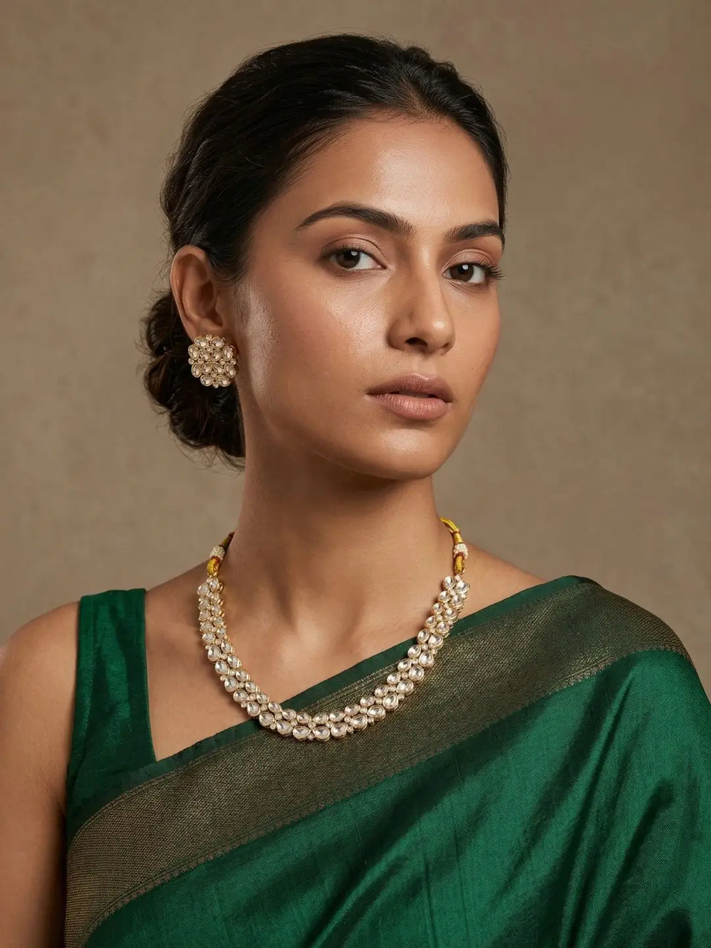 a women is wearing a Gold Plated Kundan Necklace And Earring Set | Festive And Wedding Wear Jewellery