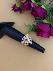 Gold Plated Triangle Shaped red Kundan Ring With Enamel | Festive & Wedding Wear