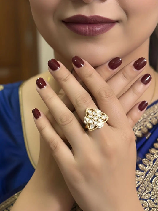 Gold Plated Triangle Shaped Kundan Ring With Enamel | Festive & Wedding Wear