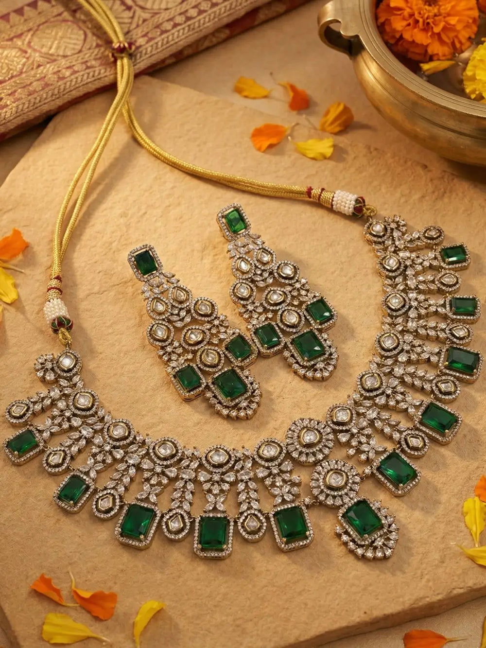 Antique Green Emerald And American Diamond Wedding Jewellery Set For Women