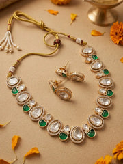 Elegant Statement green emerald Polki Kundan Necklace And Earring Set | Festive And Party Wear