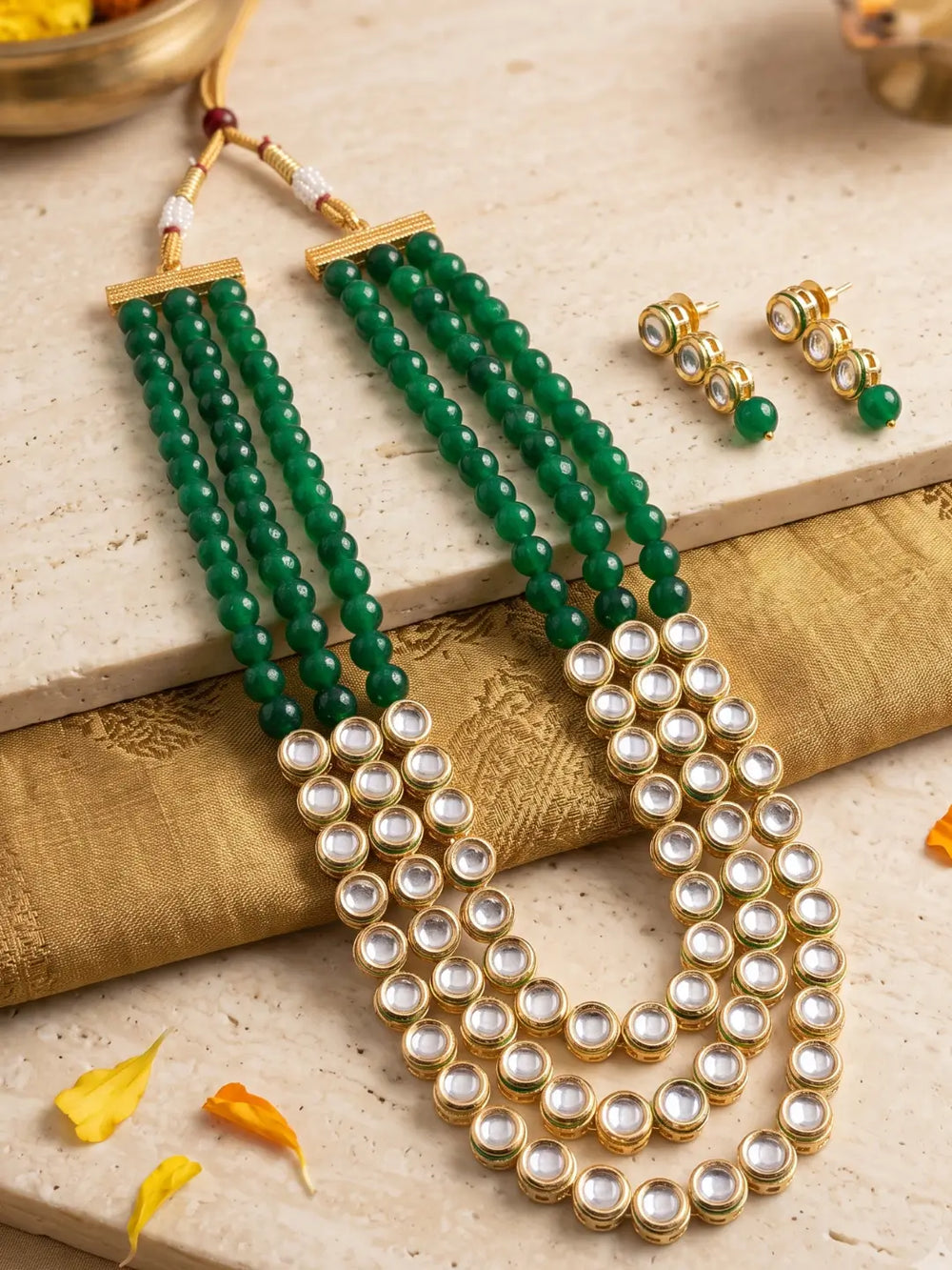 Gold Plated Layered Kundan And Green Stones Beaded Necklace Set For Women - Ethnic Jewellery Set