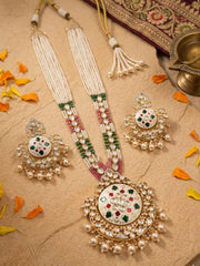 Traditional Long Pearls Beaded Kundan Necklace and earring Set With red and green Enamel | Wedding Jewellery Set
