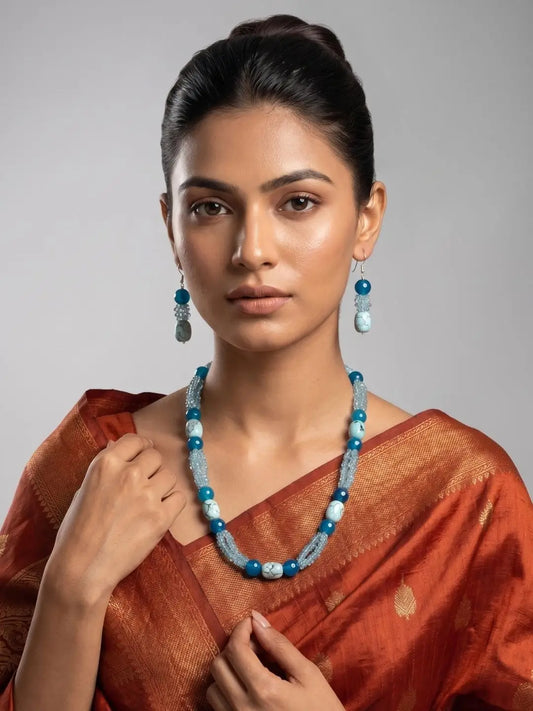 Designer Blue Onyx & Blue Topaz Multi Strand Beaded Necklace Set For Women | Blue Beads Necklace