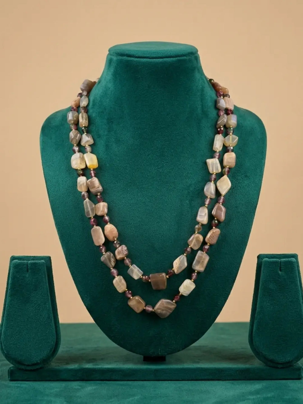 Dual Strand Natural Moonstone Beaded Necklace displayed on a green mannequin
