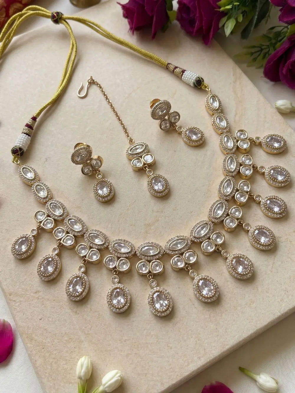 Gold Plated Polki Kundan Necklace Set With Tikka | Wedding & Festive Jewellery Set