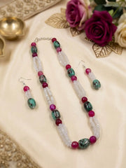 Handcrafted White Rainbow Moonstone faceted beads necklace with natural Turquoise oval beads, Pink Onyx gemstones, and matching earrings