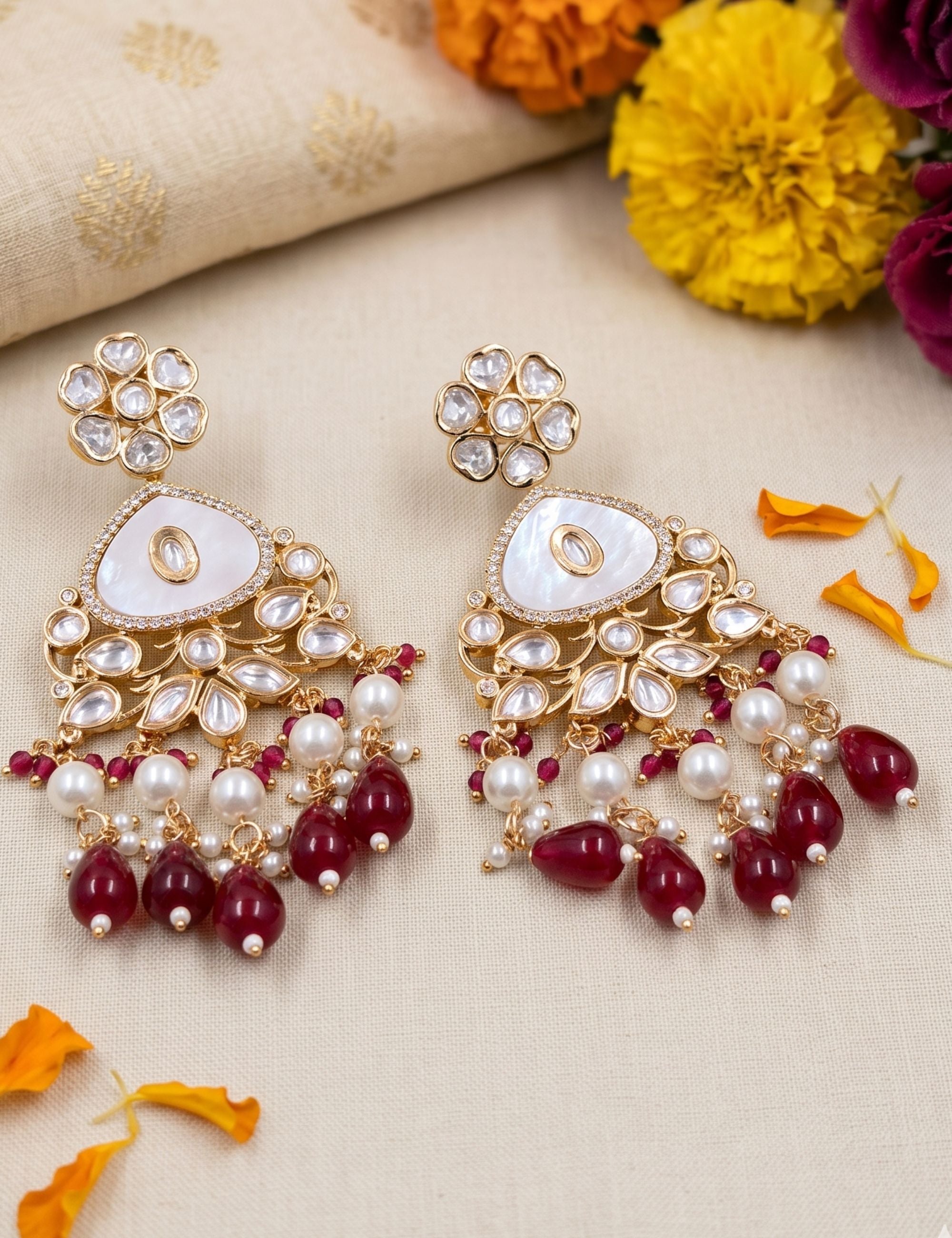 Elegant Gold Plated Mother Of Pearl And Kundan Earrings For Women - Statement Earrings