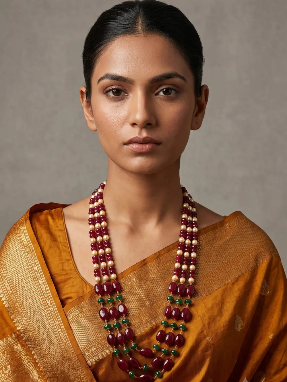 Handmade Triple Layered Natural Red Jade Beaded Necklace For Ethnic Wear