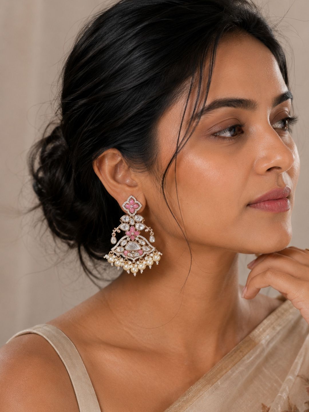 Elegant pink Polki Kundan Chandbali Earrings for Women | Bridal Wedding Statement Earrings