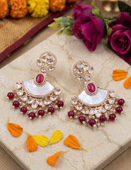 Designer Kundan And Mother Of Pearl Beaded Chandbali Earrings For Women  - Statement red stone beaded chandbali Earrings