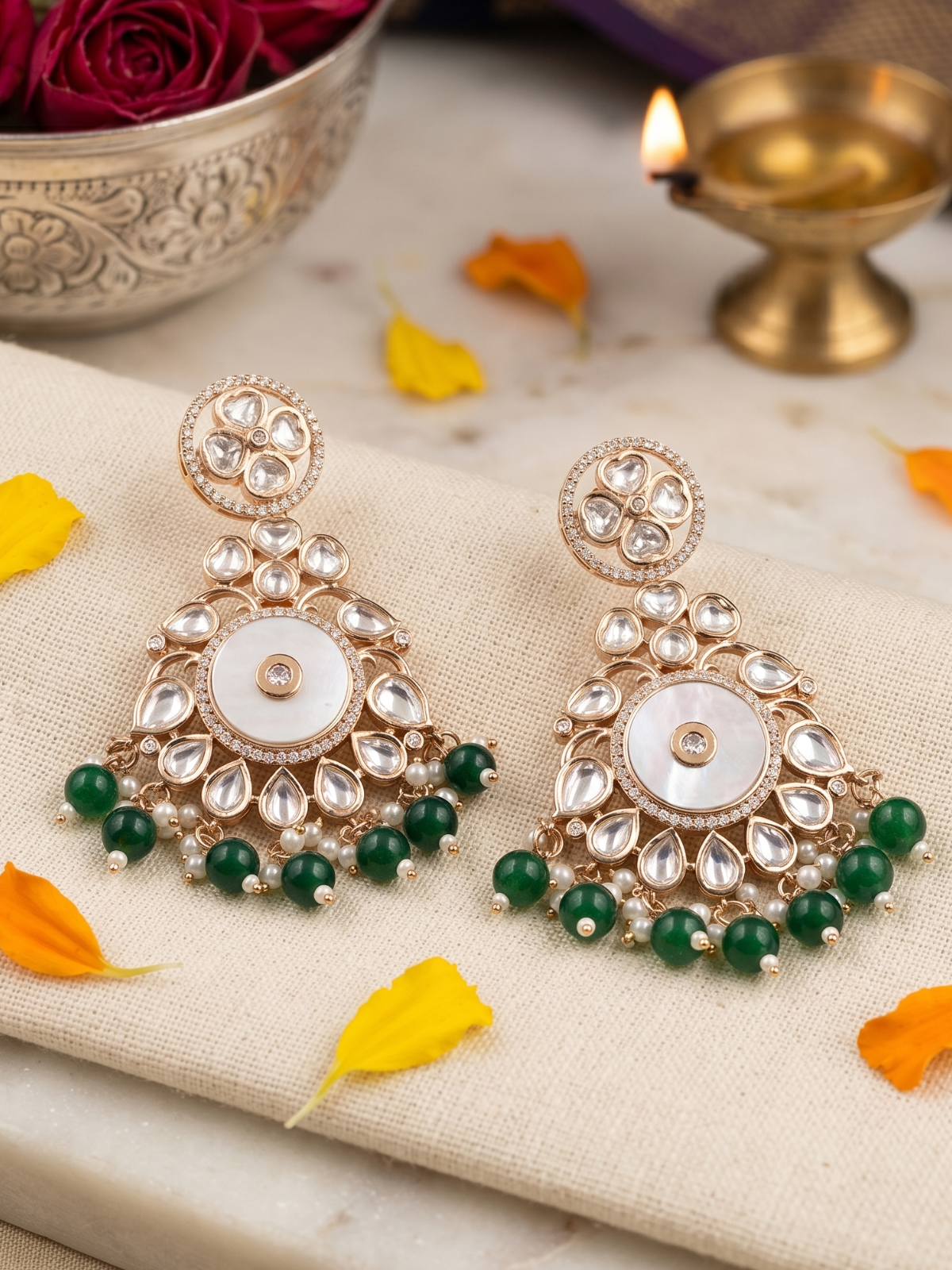 Designer Mother Of Pearl And Kundan Chandbali Earrings For Women - Wedding & Festive Wear