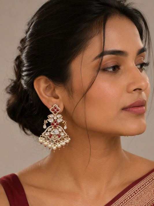 Elegant red Polki Kundan Chandbali Earrings for Women | Bridal Wedding Statement Earrings