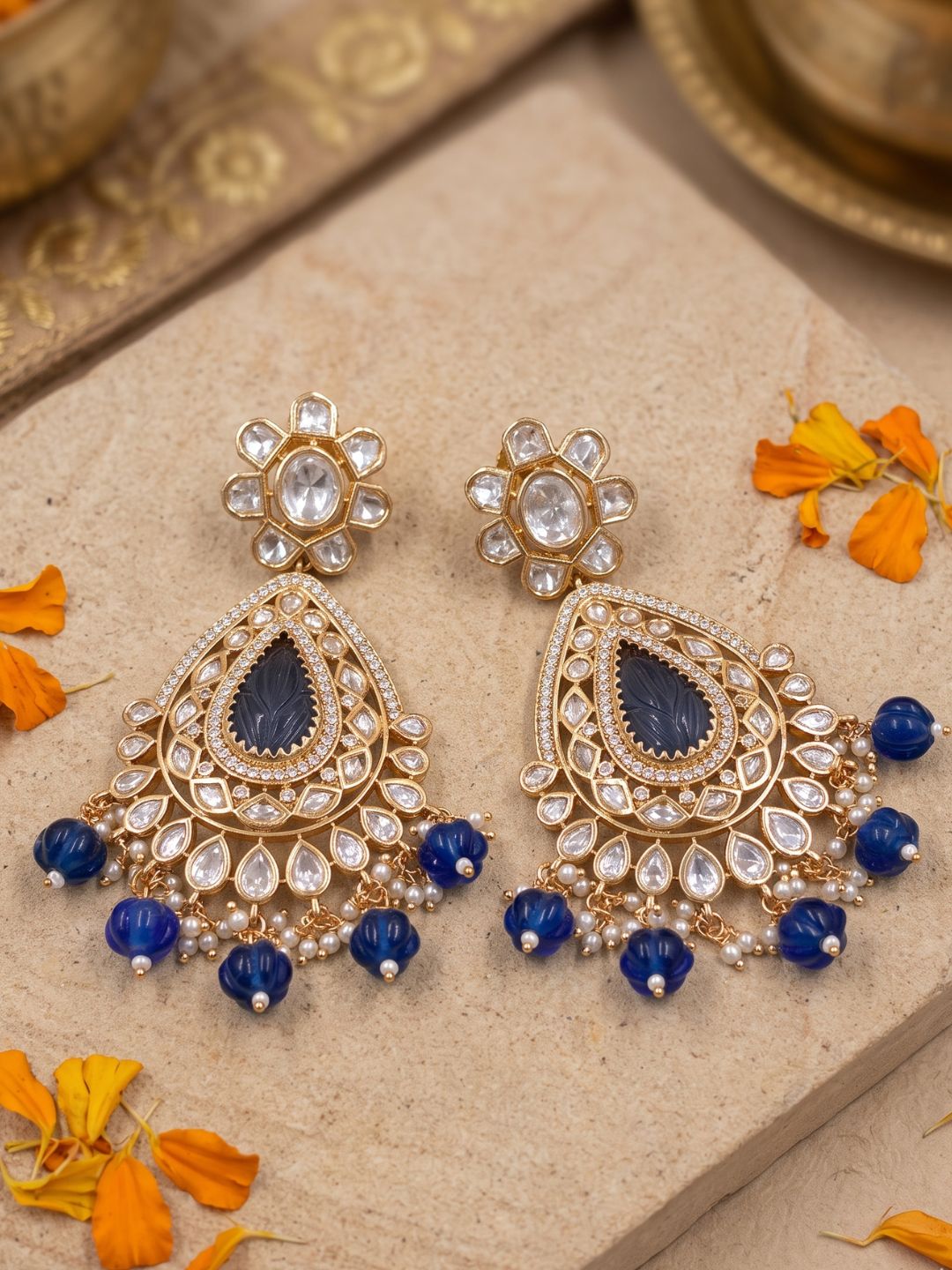 Blue Kundan Polki Pearl Drop Chandbali Earrings For Women | Traditional Bridal & Wedding Earrings