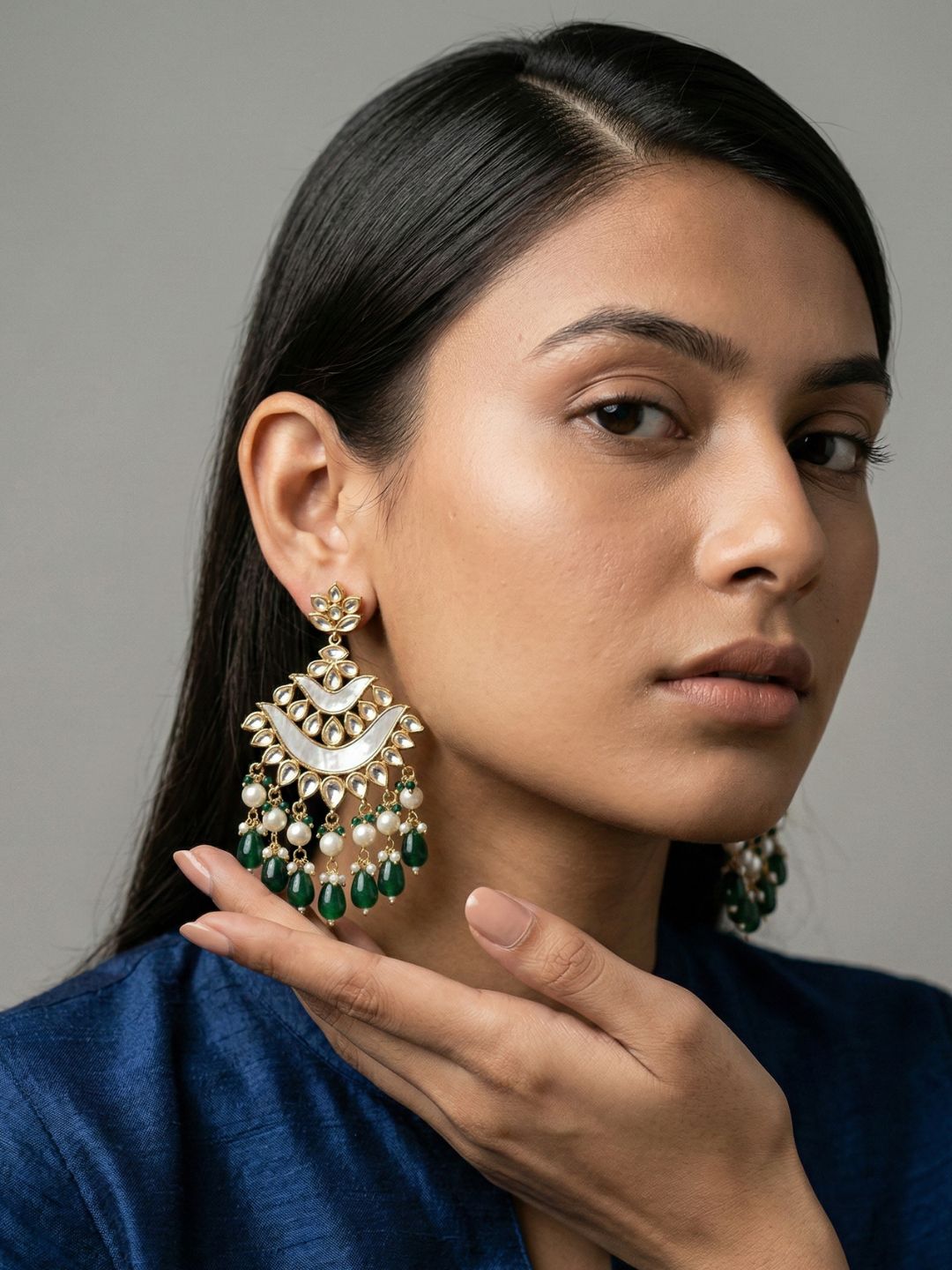 Kundan Chandbali Earrings with Mother of Pearl Detailing with green stones and Pearl Drops | Bridal Wedding Statement green earrings  for Women