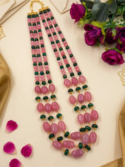 Handcrafted Long Layered Natural Gemstone Pink Jade Beads Necklace | Ethnic Jewellery
