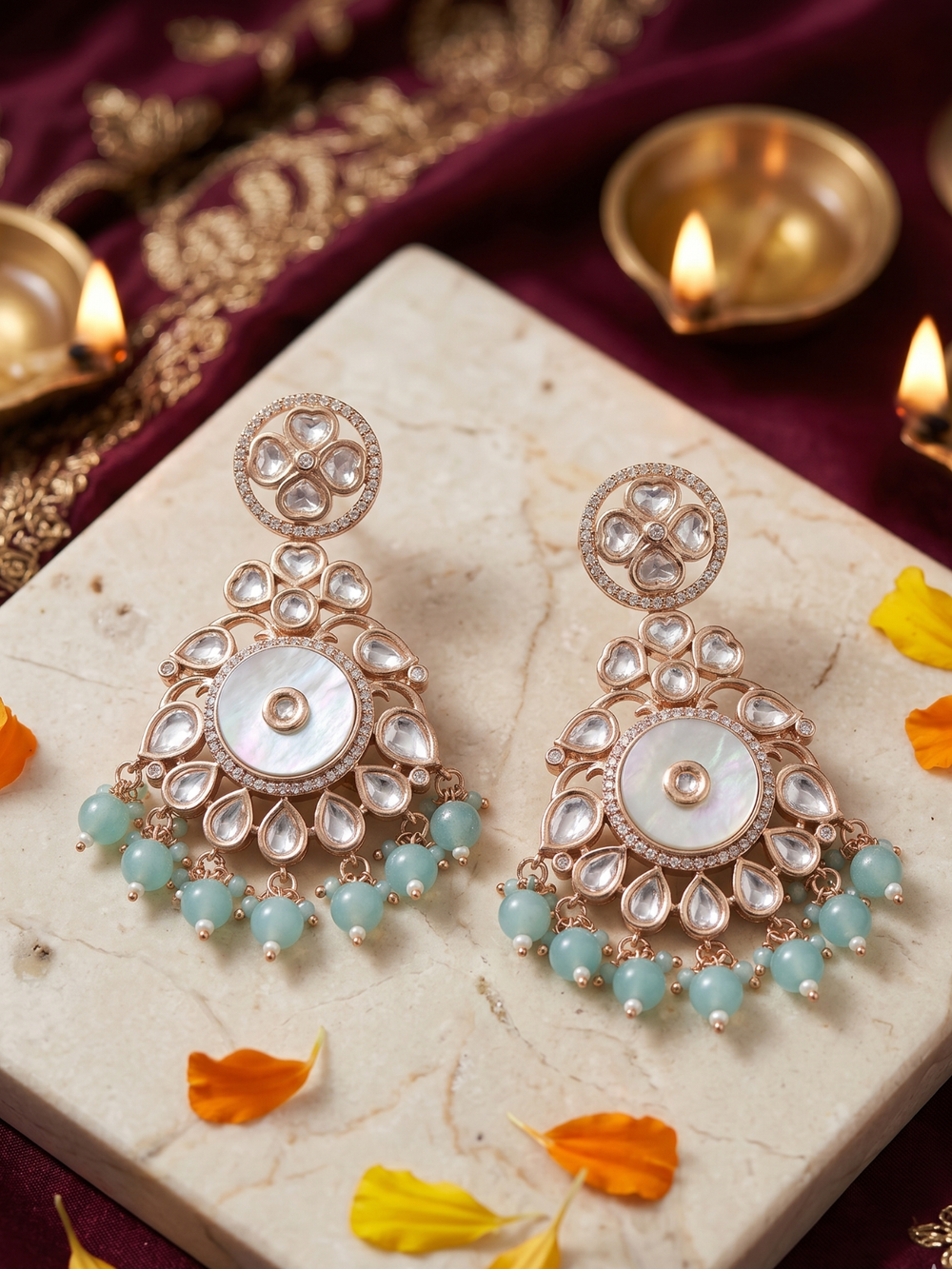 Designer Mother Of Pearl And Kundan Chandbali Earrings with mint green bead drops For Women - Wedding & Festive Wear