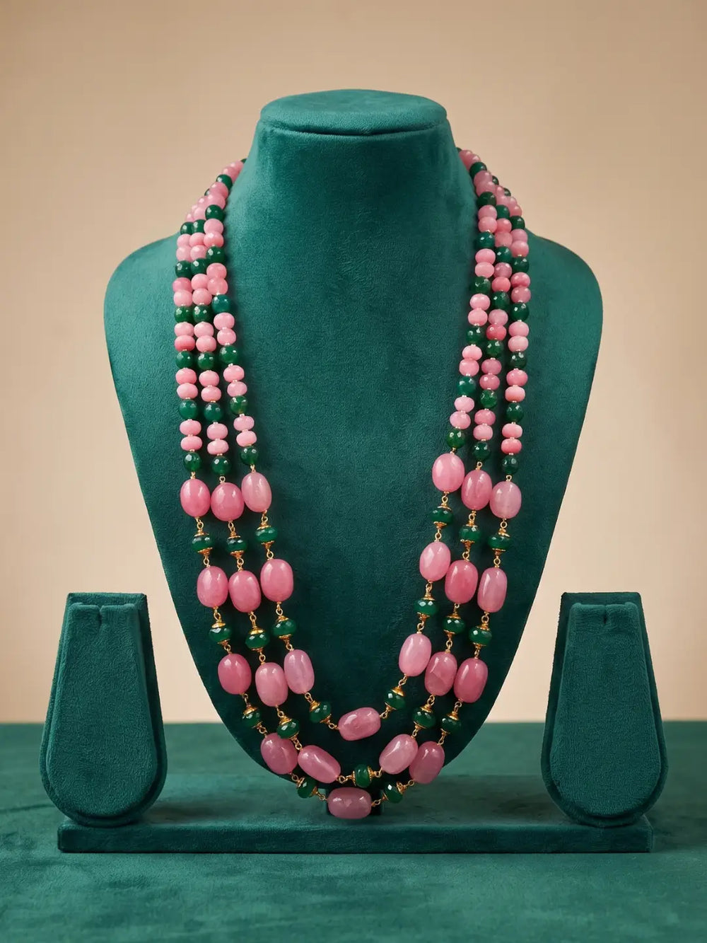 Handcrafted Long Layered Natural Gemstone Pink Jade Beads Necklace with green jade | Ethnic Jewellery