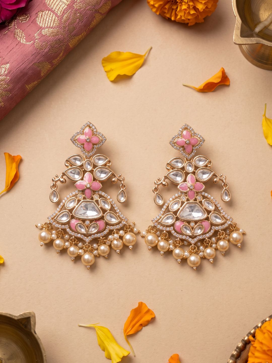 Elegant pink Polki Kundan Chandbali Earrings for Women | Bridal Wedding Statement Earrings