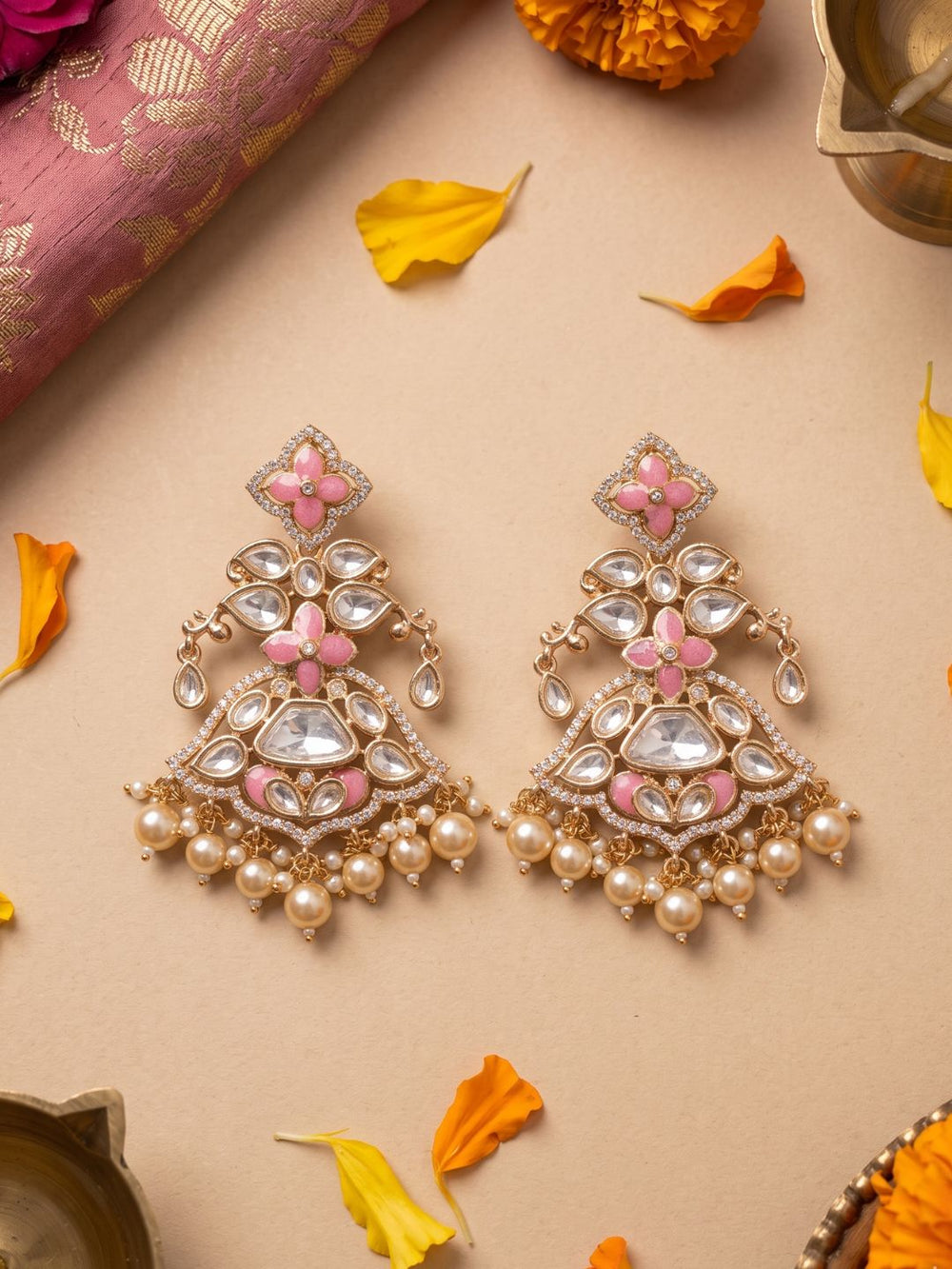 Elegant pink Polki Kundan Chandbali Earrings for Women | Bridal Wedding Statement Earrings