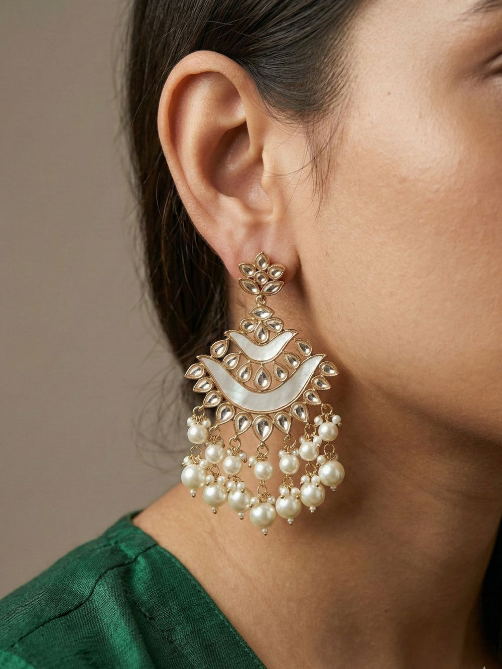 Kundan Chandbali Earrings with Mother of Pearl Detailing and Pearl Drops | Bridal Wedding Statement earrings  for Women