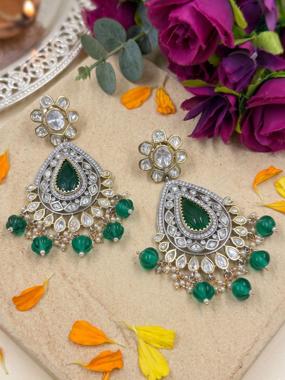 Dual Tone Kundan Polki Chandbali Earrings | Ethnic And Traditional green kundan Earrings
