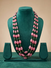 Handcrafted Long Layered Natural Gemstone Pink Jade Beads Necklace with green jade | Ethnic Jewellery