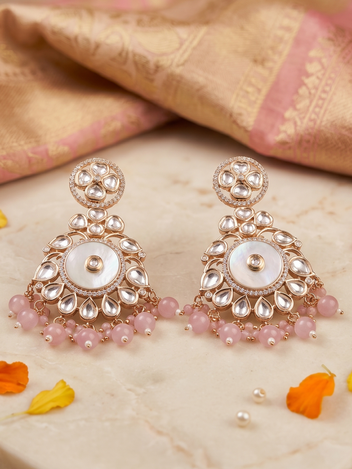 Designer Mother Of Pearl And Kundan Chandbali Earrings with pink stone beads drops For Women - Wedding & Festive Wear