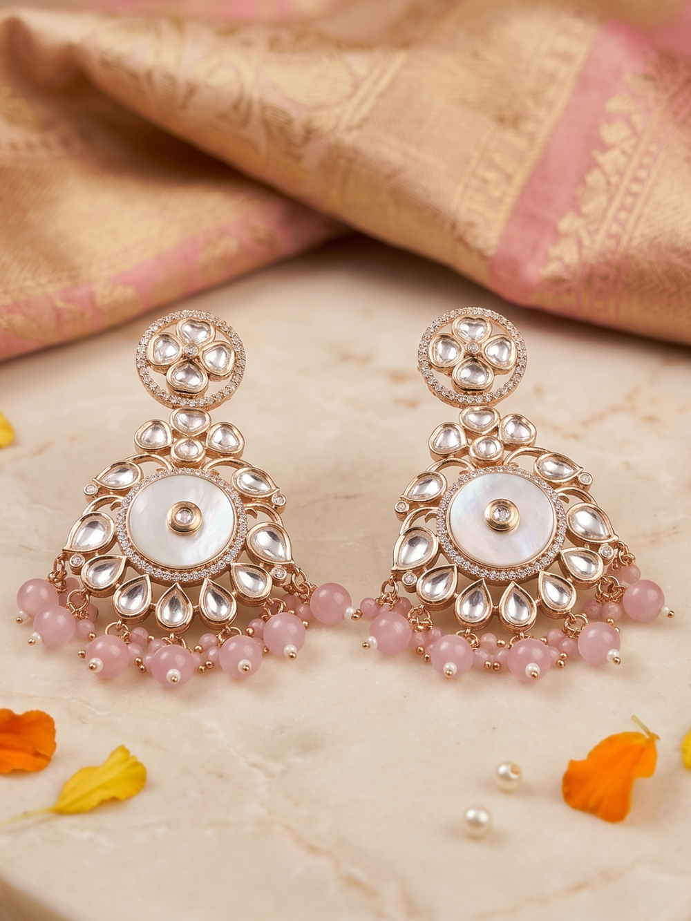 Designer Mother Of Pearl And Kundan Chandbali Earrings with pink stone beads drops For Women - Wedding & Festive Wear