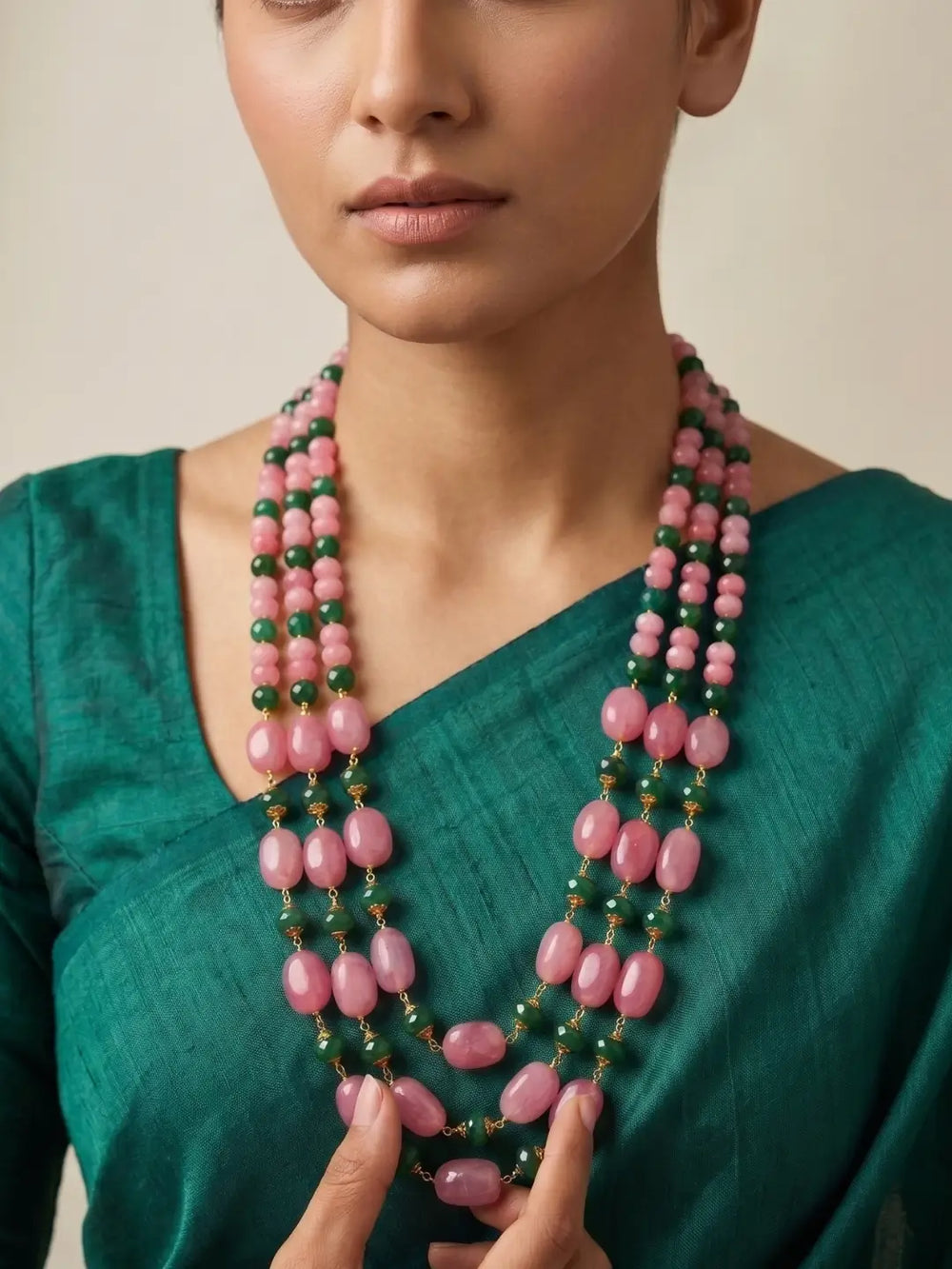 Handcrafted Long Layered Natural Gemstone Pink Jade Beads Necklace | Ethnic Jewellery for women 