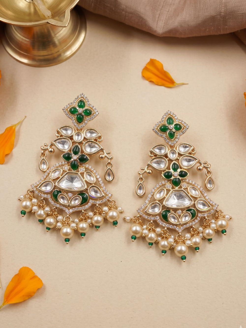 Elegant green enamel Polki Kundan Chandbali Earrings for Women | Bridal Wedding Statement Earrings
