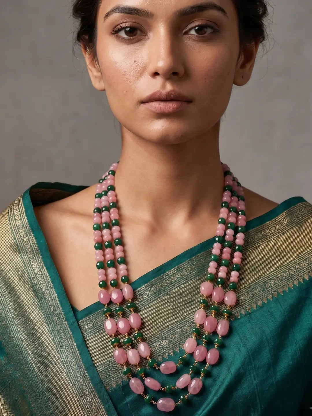 Handcrafted Long Layered Natural Gemstone Pink Jade Beads Necklace | Ethnic Jewellery