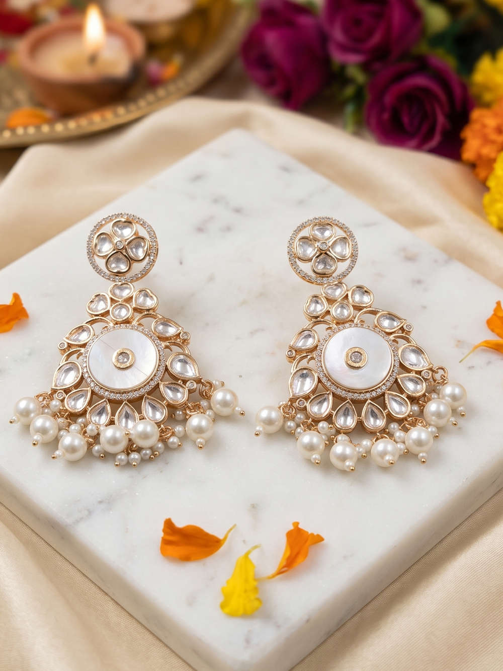 Designer Mother Of Pearl And Kundan Chandbali Earrings with pearl beads drops  For Women - Wedding & Festive Wear